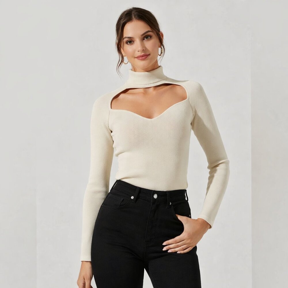 ASTR The Label Cream Cutout Ribbed Long Sleeve Knit Top Size L